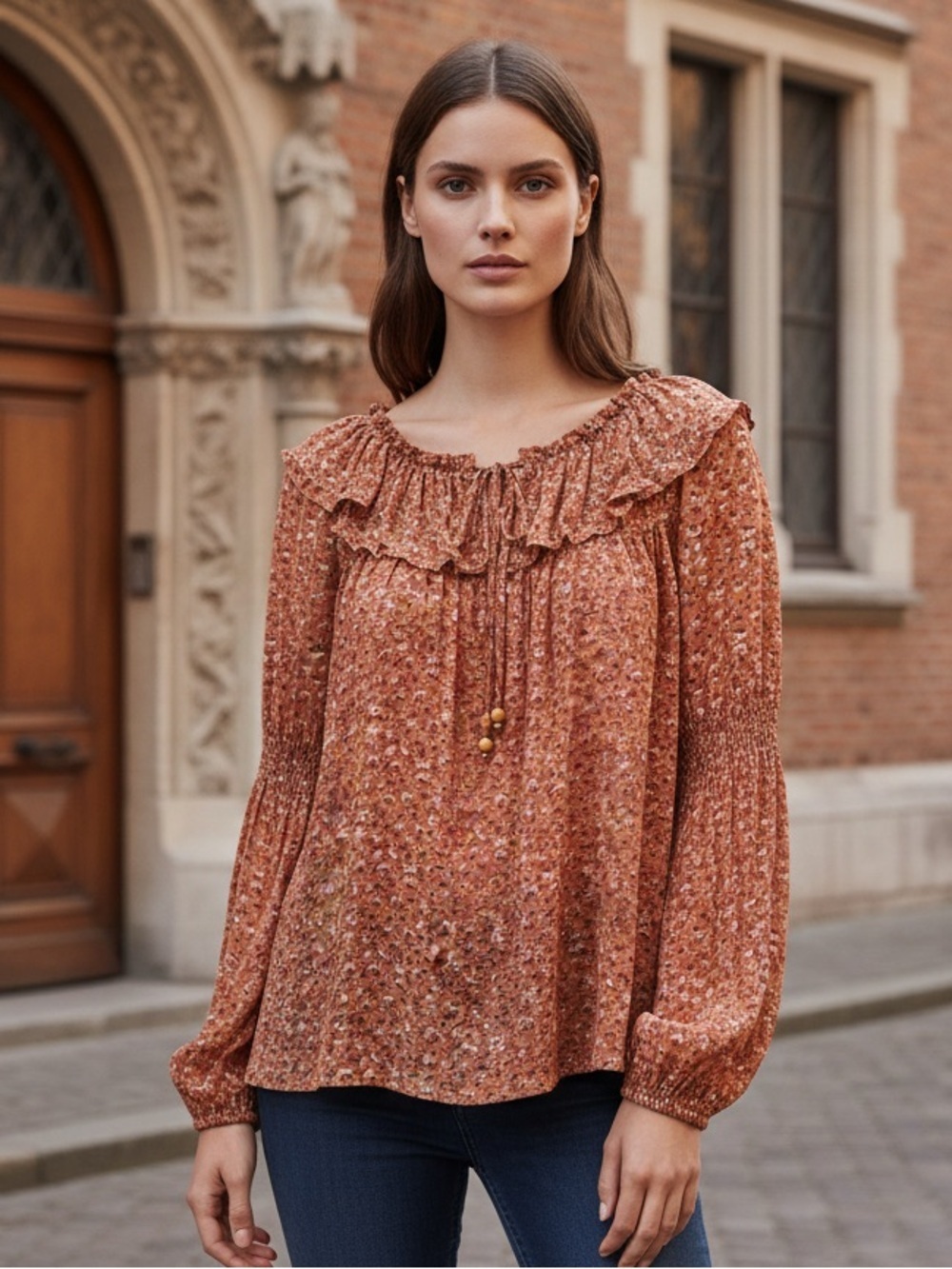 Easel Terracota Ruffle Neckline with Adjustable Tie with Wooden Bead Accents